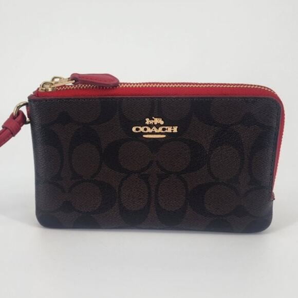 Coach Double Zip Signature Wristlet with Red Accents - Picture 1 of 9